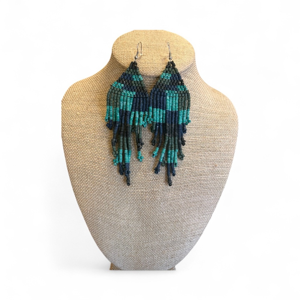 Boho Wooden Beaded Earrings in Blue and Green